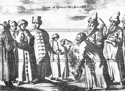 Старинная гравюра 17 века. Сватовство на древней руси. Стоковое фото, фотограф Игорь Низов / Фотобанк Лори