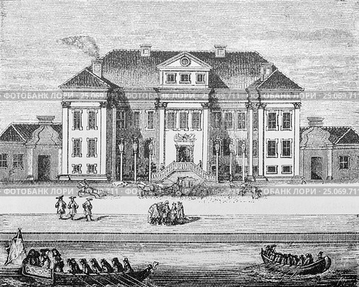 Старинная гравюра 1716 года. Старый Санкт- Петербург. Зимний дворец при Петре Великом. Стоковая иллюстрация, иллюстратор Игорь Низов / Фотобанк Лори
