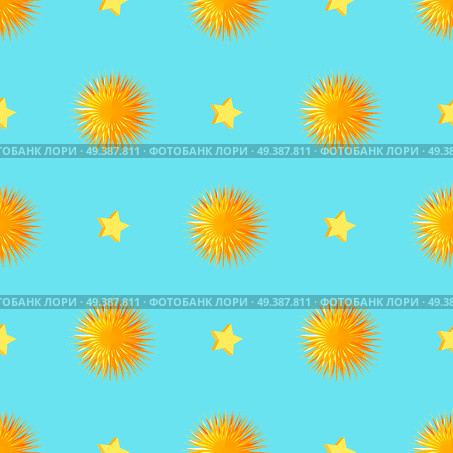 Starry seamless pattern with orange sea urchins. Yellow fluffy pompons and five-pointed stars vector illustrations on blue background for wrapping paper, greeting cards or invitations, print design. Urchins with Starts Seamless Pattern Vector. Стоковая иллюстрация, агентство Ingram Publishing / Фотобанк Лори