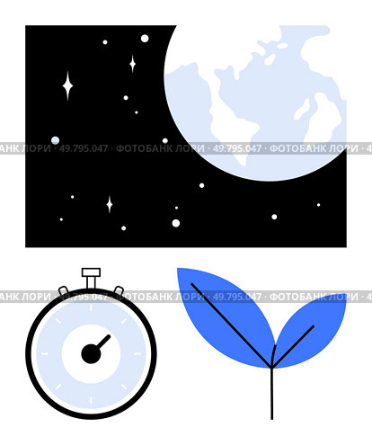 Stars in the night sky with Earth a stopwatch and a blue plant leaf symbolize time growth, and nature. Ideal for sustainability, innovation, cosmos, science, ecology, environment, new beginnings. Space, Growth and Time Stars, Planet Earth, Stopwatch and Plant in Minimalist Art. Стоковая иллюстрация, агентство Ingram Publishing / Фотобанк Лори