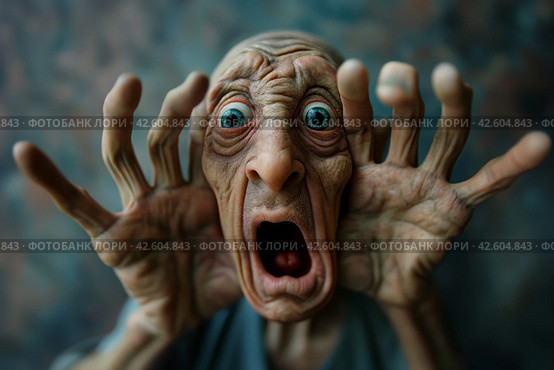 Startled Elderly Person Expressing Fear. Стоковое AI-изображение, AI-художник Кирилл Черезов / Фотобанк Лори