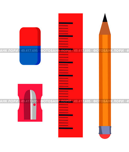 Stationery items isolated vector illustration on white. Cartoon style graphite pencil, plastic sharpener, rectangular eraser and red ruler. Stationery Items Isolated Illustration on White. Стоковая иллюстрация, агентство Ingram Publishing / Фотобанк Лори