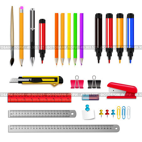 Stationery Realistic Set. Stationery assortment set of rulers pencils markers and other items isolated on white background realistic vector illustration. Стоковая иллюстрация, агентство Ingram Publishing / Фотобанк Лори