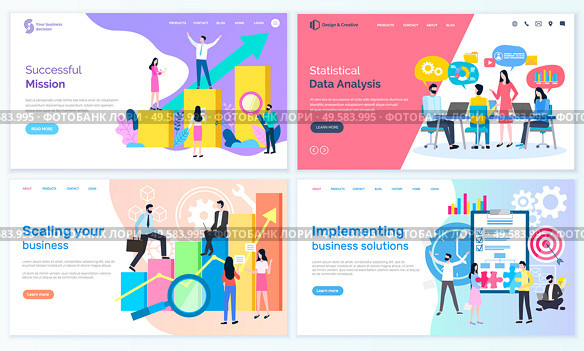 Statistical data analysis and successful mission of business vector, conference meeting of people working on project data improvements set. Team work with new business idea, landing page flat style. Successful Mission of Businessman, Solution Website. Стоковая иллюстрация, агентство Ingram Publishing / Фотобанк Лори