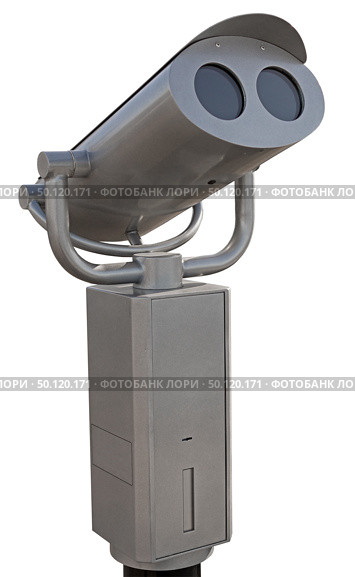 Стационарный платный туристический бинокль. Coin-operated binoculars on white background. Стоковое фото, фотограф Татьяна Д / Фотобанк Лори