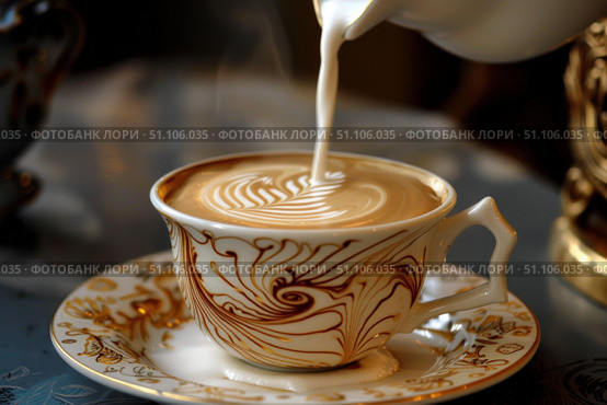 Steaming milk pouring into elegant cup of coffee creating latte art. Стоковое AI-изображение, AI-художник Иван Рябоконь / Фотобанк Лори