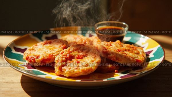 Steaming mini pizzas with dipping sauce on colorful plate. Стоковое фото, фотограф David Kashakhi / Фотобанк Лори