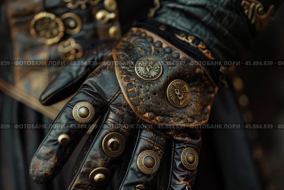 Steampunk leather gloves showing metal decorations and rivets. Стоковое AI-изображение, AI-художник Иван Рябоконь / Фотобанк Лори