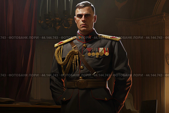 Stern military officer in uniform. Стоковое AI-изображение, AI-художник Иван Рябоконь / Фотобанк Лори