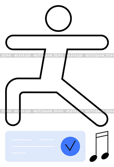 Stick figure strikes a yoga pose beside a checklist with a blue checkmark and a musical note. Ideal for fitness, wellness, mindfulness, to-do lists, time management, music, productivity. Line. Dynamic stick figure in yoga pose with a musical note and checklist. Стоковая иллюстрация, агентство Ingram Publishing / Фотобанк Лори