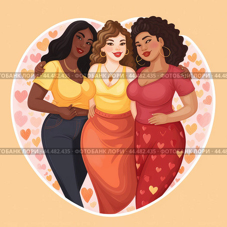 Sticker of a Body positive: beyond stereotypes, women who love themselves as they are. Стоковое AI-изображение, AI-художник Veniamin Kraskov / Фотобанк Лори