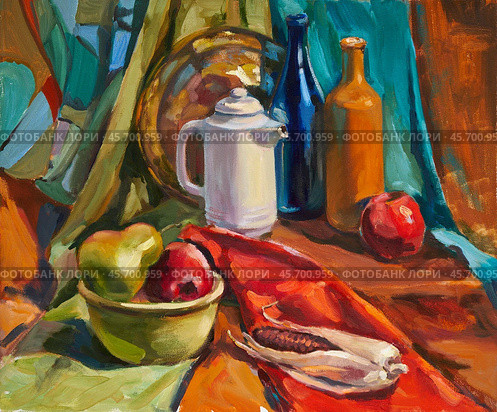 Still life with colored fabrics and objects. Oil painting on canvas by artist Inna Prityazhnyuk. Стоковая иллюстрация, иллюстратор Сергей Пристяжнюк (Serg Zastavkin) / Фотобанк Лори