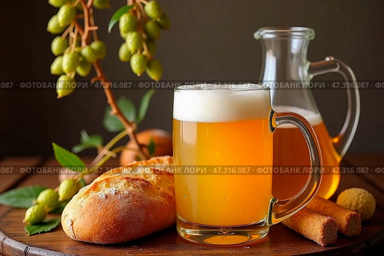 Still life with kvass, rye bread on a wooden background. Стоковое AI-изображение, AI-художник Марина Володько / Фотобанк Лори