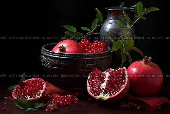 Still life with pomegranates and pewter vase. Стоковое AI-изображение, AI-художник Иван Рябоконь / Фотобанк Лори