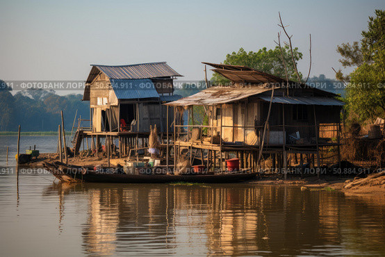 Stilt houses reflecting on tonle sap lake at sunrise in cambodia. Стоковое AI-изображение, AI-художник Иван Рябоконь / Фотобанк Лори
