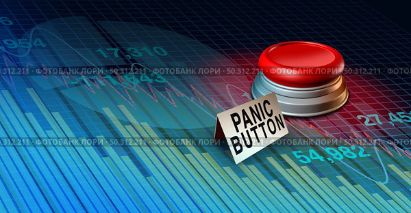 Stock market panic button with Financial crisis worry or Economy and economic fear as a recession and finance risk with 3D illustration elements. Стоковое фото, агентство Ingram Publishing / Фотобанк Лори