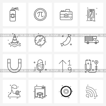 Stock Vector Icon Set of 16 Line Symbols for diversion, cone, movie camcorder, smart phone, mobile Vector Illustration. Стоковая иллюстрация, агентство Ingram Publishing / Фотобанк Лори