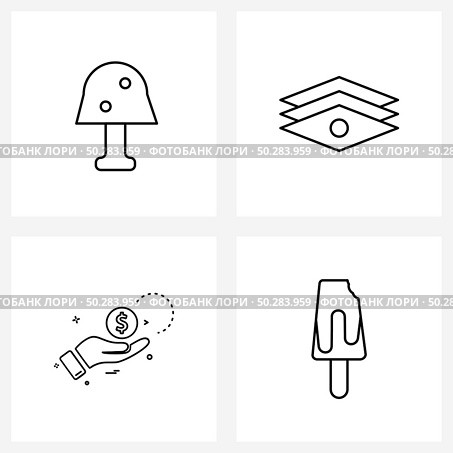 Stock Vector Icon Set of 4 Line Symbols for fungus, coin, plates, money, ice-cream Vector Illustration. Стоковая иллюстрация, агентство Ingram Publishing / Фотобанк Лори