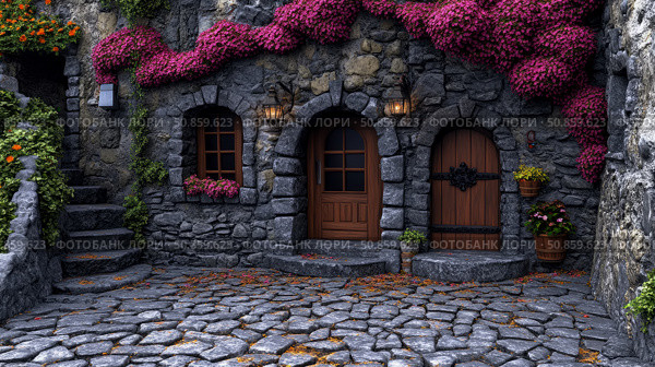 Stone facade adorned with floral cascades and cobbled street, suggesting an idyllic retreat. Стоковое AI-изображение, AI-художник Данила Большаков / Фотобанк Лори