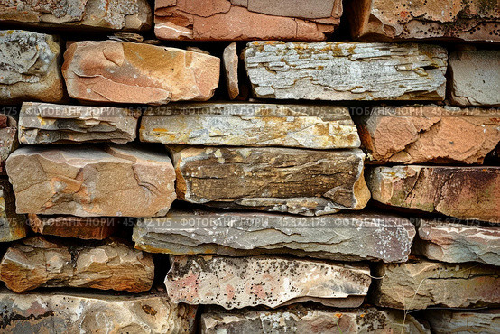 Stone wall showing colorful stratification and rough texture. Стоковое AI-изображение, AI-художник Иван Рябоконь / Фотобанк Лори