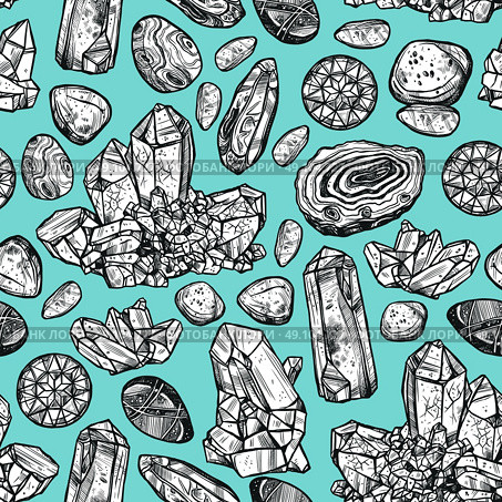 Stones Crystal Seamless Pattern. Hand drawn monochrome crystal stones rocks seamless background vector illustration. Стоковая иллюстрация, агентство Ingram Publishing / Фотобанк Лори