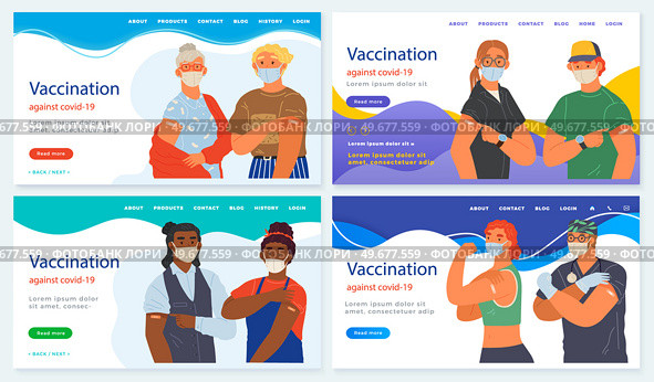 Stop coronavirus agitation concept. Vaccination promo, immunization of workers. Vaccine saves lives. People wearing protective mask showing their arm with bandage after receiving covid-19 vaccine. Stop coronavirus agitation concept. Vaccination promo, immunization of workers. Vaccine saves lives. Стоковая иллюстрация, агентство Ingram Publishing / Фотобанк Лори