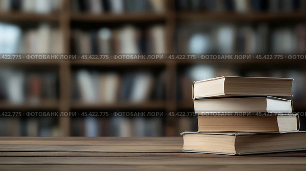 Стопка книг лежит на деревянном столе в библиотеке, на заднем плане видна размытая книжная полка, символизирующая знания, обучение и стремление к образованию. Стоковое AI-изображение, AI-художник ФотоИнтеллект / Фотобанк Лори