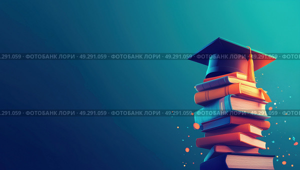 Стопка книг с академической шапочкой на фоне знаний. Стоковое AI-изображение, AI-художник Александр Жуков / Фотобанк Лори