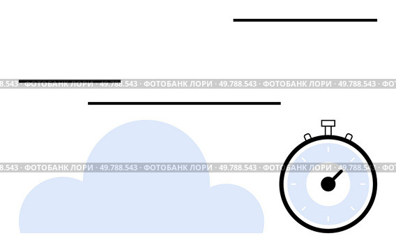 Stopwatch single cloud and three horizontal lines. Ideal for productivity, efficiency, cloud services, data synchronization, remote work, digital transformation, minimalism. Line metaphor. Stopwatch and Cloud with Lines, Symbolizing Time Management and Cloud Computing Concepts. Стоковая иллюстрация, агентство Ingram Publishing / Фотобанк Лори