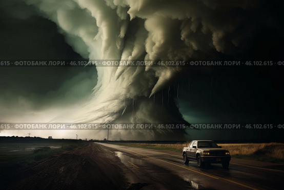 Storm chaser driving away from dangerous supercell tornado with lightning. Стоковое AI-изображение, AI-художник Иван Рябоконь / Фотобанк Лори