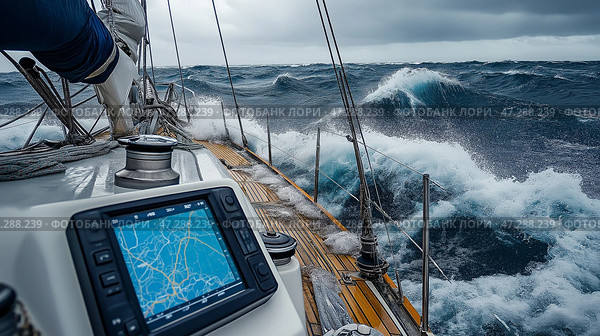 Stormy seas challenge the sailing crew navigating through turbulent waters at sea. Экран GPS-навигатора моряка на палубе яхты, волны бьются рядом, устройство показывает координаты в реальном времени и штормовое предупреждение, напряжение в воздухе, когда судно движется к неопределенному горизонту. Стоковое AI-изображение, AI-художник Katsiaryna Repich / Фотобанк Лори