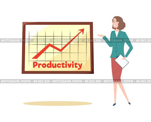 Strategy of businesswoman vector, lady with productivity booster on whiteboard, presentation of collected data, research results presenter with report. Productivity and Success Achievement Strategy. Стоковая иллюстрация, агентство Ingram Publishing / Фотобанк Лори
