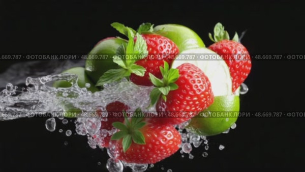 Strawberries, limes and mint leaves rotating in water splash on black background. Стоковое AI-видео, аниматор Юрий Поздников / Фотобанк Лори