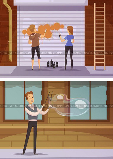 Street Artists Cartoon Horizontal Banners . Street artists cartoon horizontal banners with girls spraying paint on blinds and young man blowing bubbles flat vector illustration  . Стоковая иллюстрация, агентство Ingram Publishing / Фотобанк Лори