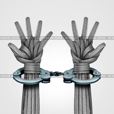 Street crime and illegal drunk driving and speeding car violation on the road or impaired driver symbol as a group of highway paths shaped as two innocent or guilty hands locked in police handcuffs as a 3D illustration. Стоковое фото, агентство Ingram Publishing / Фотобанк Лори