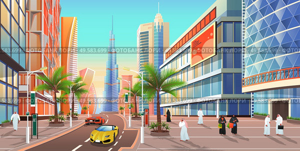 Street in Dubai, cityscape of city in uae. United Arab emirates skyline with skyscrapers and modern luxury sportscars. Citizens and exterior of buildings appartmens of Dubai town, architecture vector. Dubai Street, Cityscape of UAE City Skyline Vector. Стоковая иллюстрация, агентство Ingram Publishing / Фотобанк Лори