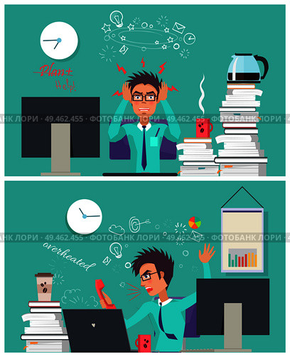 Stressed businessman collection, worker angry because of working problems and tasks, shouting at phone, unable to cope with anger vector illustration. Stressed Worker Collection Vector Illustration. Стоковая иллюстрация, агентство Ingram Publishing / Фотобанк Лори