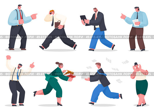 Stressful running businessmen holding stack of paper, briefcase overload work and very busy concept. Business people set stress at work because of the deadline and office chaos, late for the meeting. Stressful running businessmen holding stack of paper, briefcase overload work and very busy concept. Стоковая иллюстрация, агентство Ingram Publishing / Фотобанк Лори