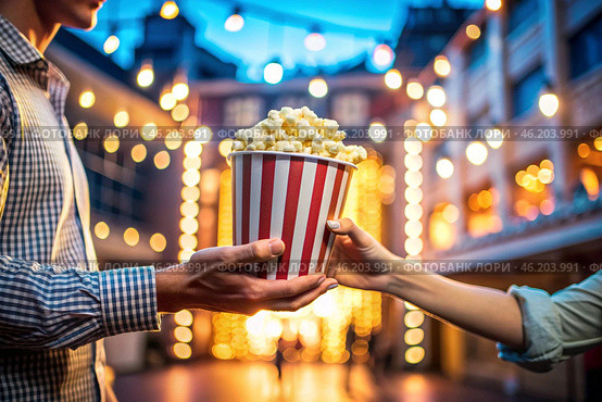 Striped red and white box with salted popcorn in his hand against the background of cinema lights. A popular snack in cinemas. Стоковое AI-изображение, AI-художник Photojuli / Фотобанк Лори