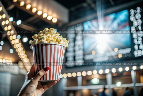 Striped red and white box with salted popcorn in his hand against the background of cinema lights. A popular snack in cinemas. Стоковое AI-изображение, AI-художник Photojuli / Фотобанк Лори