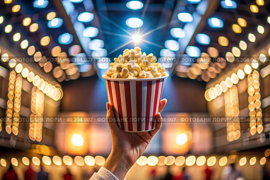 Striped red and white box with salted popcorn in his hand against the background of cinema lights. A popular snack in cinemas. Стоковое AI-изображение, AI-художник Photojuli / Фотобанк Лори