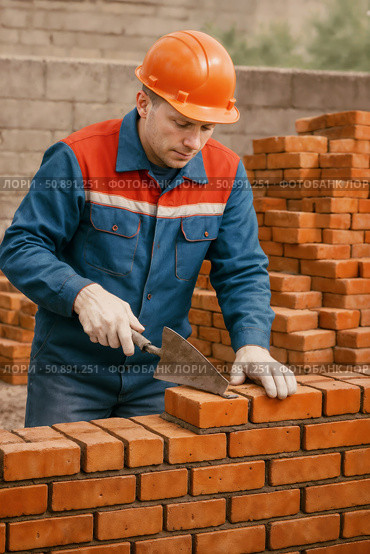 Строитель на стройке кладет кирпичную стену. A construction worker is putting up a brick wall. Стоковое AI-изображение, AI-художник Смирнова Светлана / Фотобанк Лори