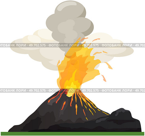 Strong jet of effluent hot lava, white clouds over top. Erupting rock pinnacle volcano disaster with burning fire. Volcanic eruption mountain with magma. Volcano with lava vector illustration. Volcano disaster with burning fire. Volcanic eruption mountain with magma, strong jet of hot lava. Стоковая иллюстрация, агентство Ingram Publishing / Фотобанк Лори