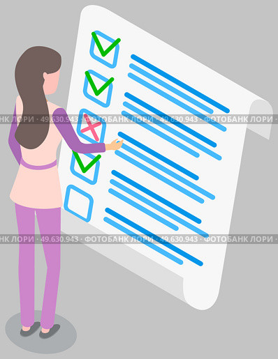Student studying questionnaire. Female character checks and grades test. Offline exam concept. Cartoon character standing near big checklist and summarizing results. Girl studies form with answers. Student studying questionnaire. Female character checks and grades test. Offline exam concept. Стоковая иллюстрация, агентство Ingram Publishing / Фотобанк Лори