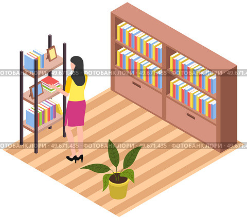 Student taking book at library vector icon bookcase. Female person study at school, college or university reading room. Girl at bookstore standing near bookshelf with stacks of books isolated on white. Student taking book at library icon bookcase. Woman at bookstore standing near bookshelf with books. Стоковая иллюстрация, агентство Ingram Publishing / Фотобанк Лори