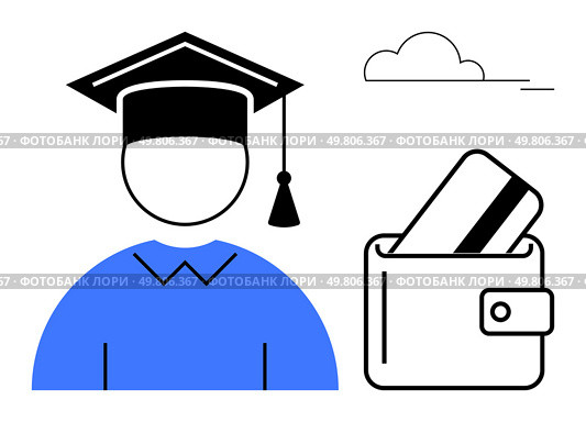 Student wearing graduation cap, wallet holding card, and cloud. Ideal for education, student finance, budgeting, scholarships, career planning graduation debt management. Line metaphor. Student with Graduation Cap Next to Wallet with Card Reflecting Education Costs and Financial Planning. Стоковая иллюстрация, агентство Ingram Publishing / Фотобанк Лори