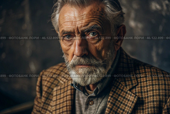 Studio portrait of a stylish, elegant elderly man, 70 years old, in a checkered jacket in brown tones. The concept of the elderly. Стоковое AI-изображение, AI-художник Photojuli / Фотобанк Лори