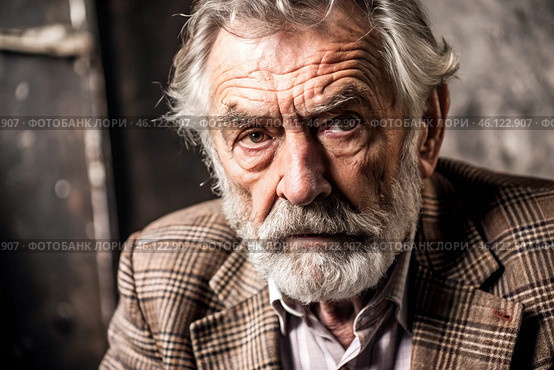 Studio portrait of a stylish, elegant elderly man, 70 years old, in a checkered jacket in brown tones. The concept of the elderly. Стоковое AI-изображение, AI-художник Photojuli / Фотобанк Лори