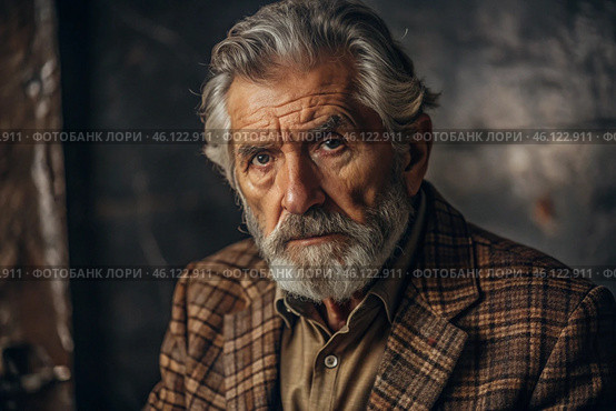 Studio portrait of a stylish, elegant elderly man, 70 years old, in a checkered jacket in brown tones. The concept of the elderly. Стоковое AI-изображение, AI-художник Photojuli / Фотобанк Лори