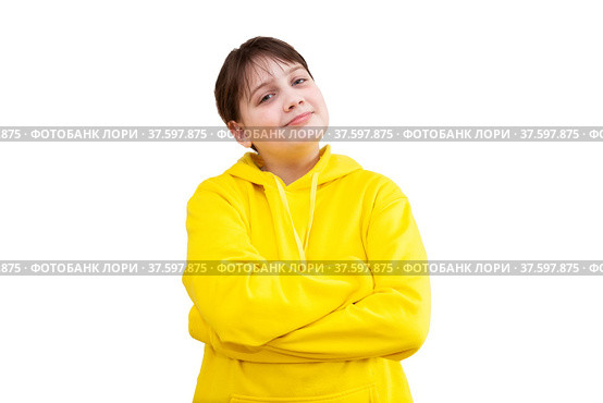 Studio shot of young 12 year old girl in sports hoodie, white background. Стоковое фото, фотограф Дарья Трофимова / Фотобанк Лори